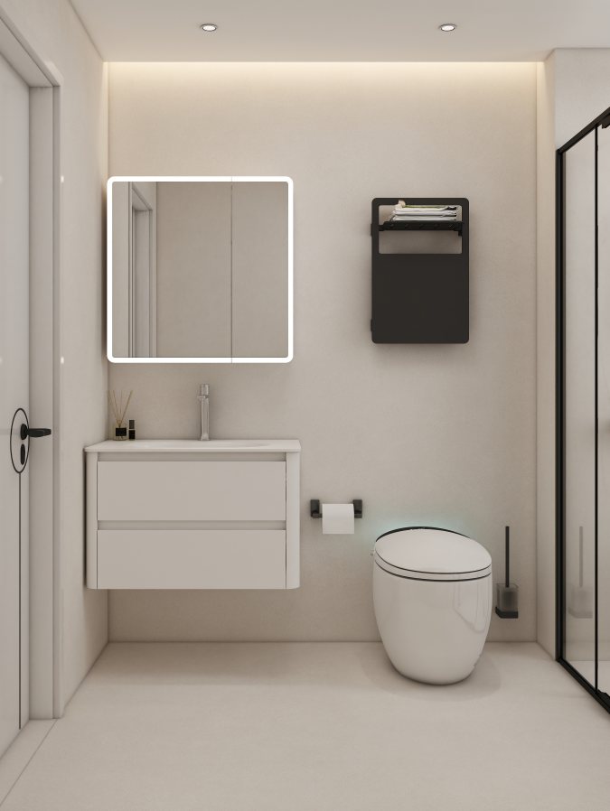 Light hues and glossy finishes can make a small bathroom feel brighter and more spacious. A modern bathroom vanity in white, light gray, or soft pastels reflects light, while mirrored cabinet doors add depth and double as storage for toiletries.​