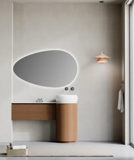 The cylindrical column is the central design feature, providing additional storage while creating a sculptural focal point.