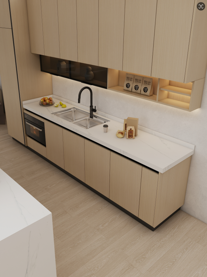 In a stunning kitchen renovation project for the Johnson family, the design featured impressive modular kitchen cabinets measuring 3300mm in width, 2400mm in height, and 600mm in depth. The cabinetry showcased a sophisticated Golden wood Grain color, which created a sleek and modern look for their cooking space. Complementing the cabinets was a beautifully designed kitchen island, measuring 2300mm by 900mm with a height of 900mm, perfectly matching the cabinet color. This island not only served as a focal point but also provided additional kitchen storage solutions, making the kitchen both functional and stylish. The integrated plywood kitchen cabinets were equipped with smart kitchen cabinet organizers, enhancing the overall efficiency of the space. The Johnsons were thrilled with their new kitchen, combining elegance with practicality for all their culinary needs.