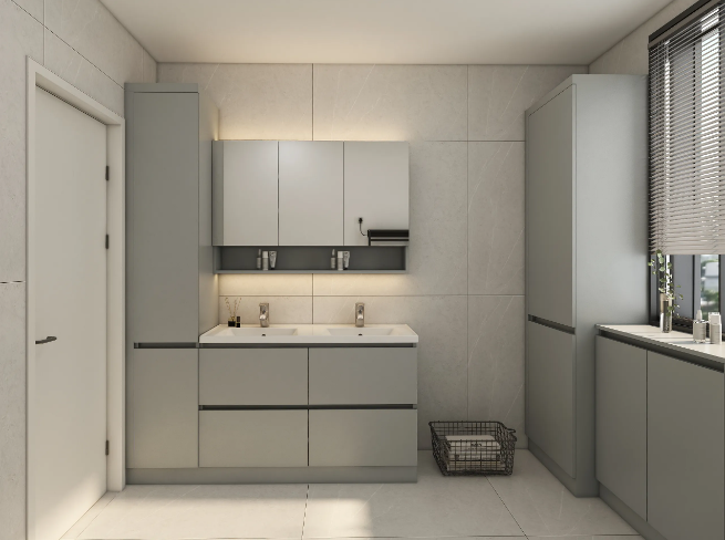 complete bathroom solutions with freestanding bathroom cabinet and coordinated accessories