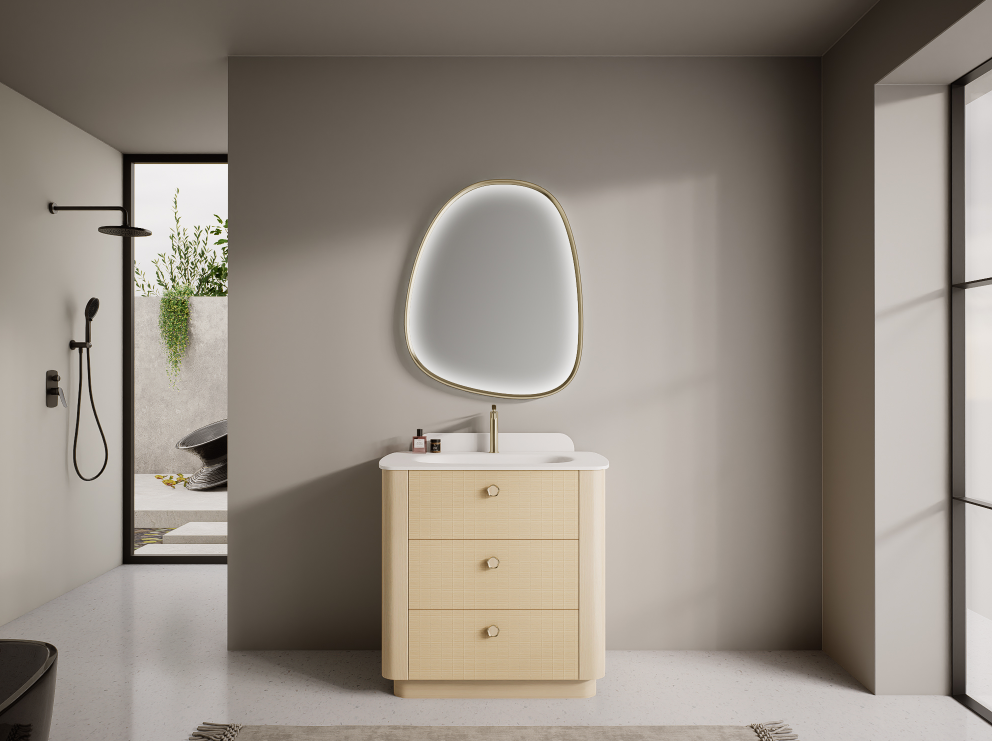 The collection combines practical storage with a softer interpretation of modern bathroom furniture and can be supplied as part of complete bathroom solutions.