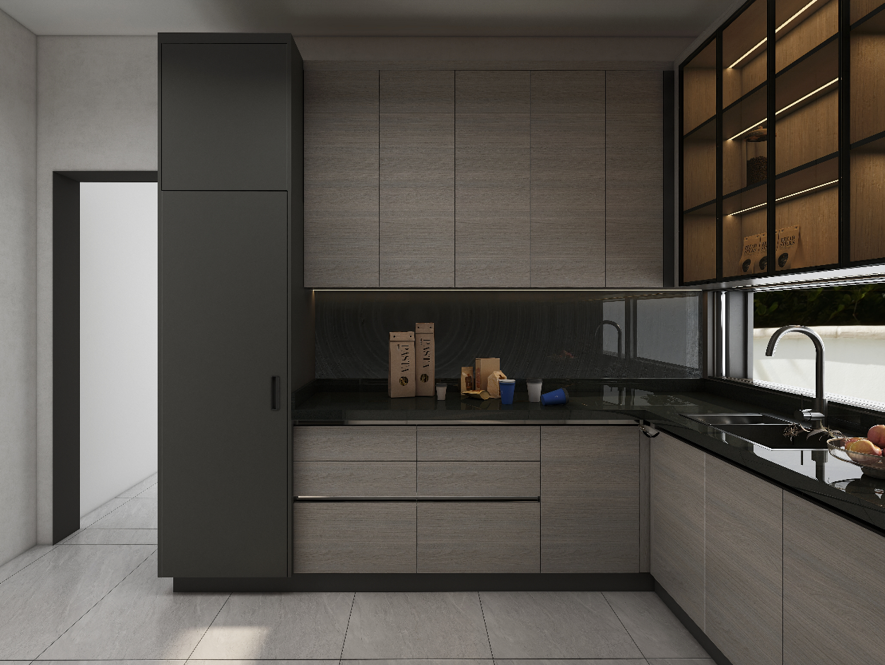 The pure black particle quartz countertop not only adds a touch of elegance but also offers durability and ease of maintenance, perfect for a busy kitchen environment.