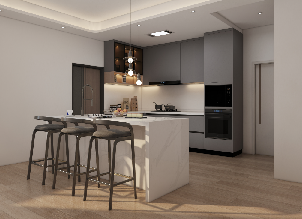 modular kitchen cabinets with quartz stone countertop and kitchen island
