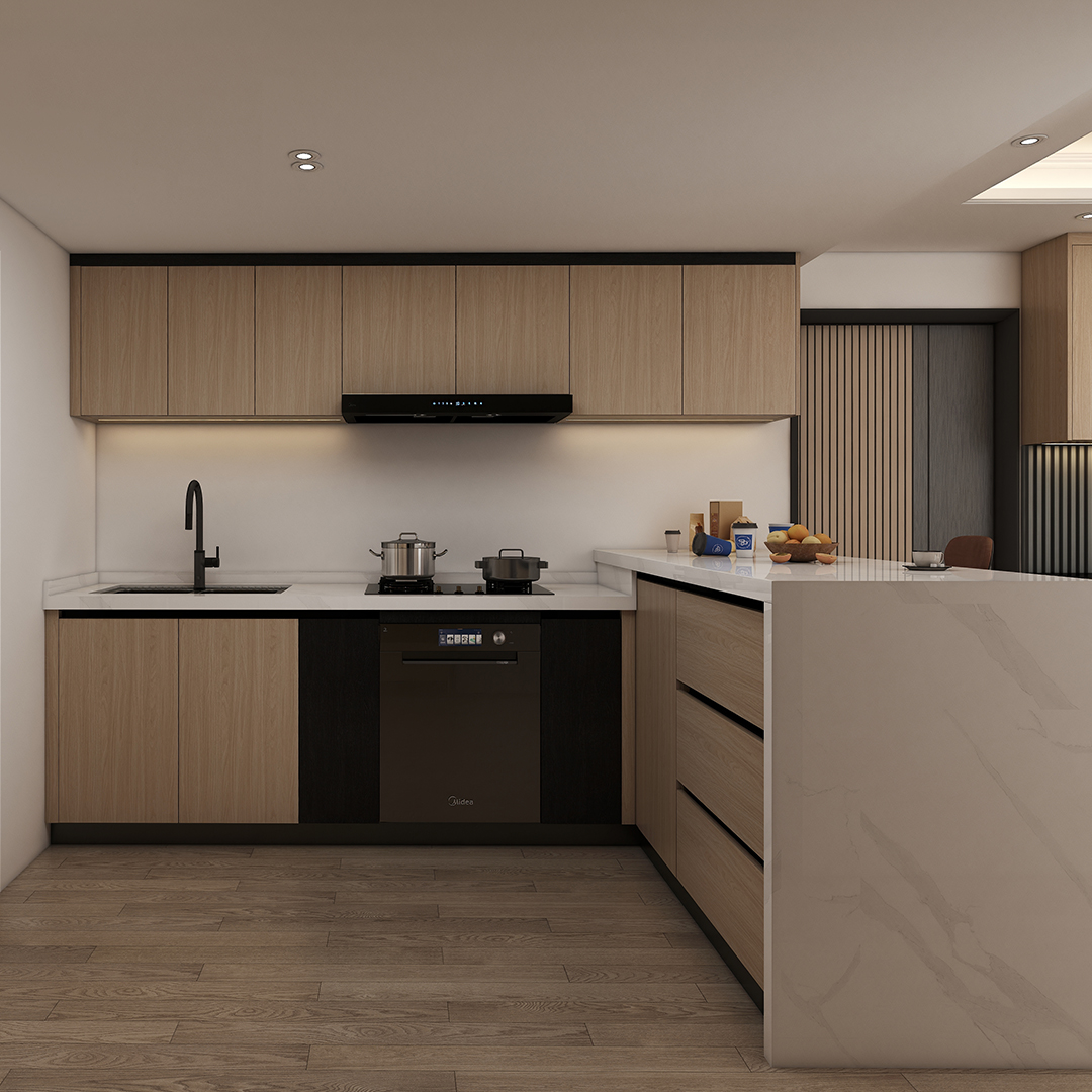 The main cabinetry, measuring an impressive (3020+2700)mm in length, 900mm in depth, and 600mm in height, was crafted from high-quality plywood and finished in a rich Log walnut color.