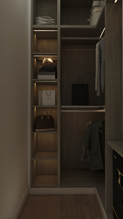 The second wardrobe follows a minimalist approach with high-gloss white doors and a matching gray walnut cabinet body, offering a clean and modern aesthetic. This wardrobe effortlessly complements the overall bedroom furniture, providing ample storage while maintaining an air of sophistication.