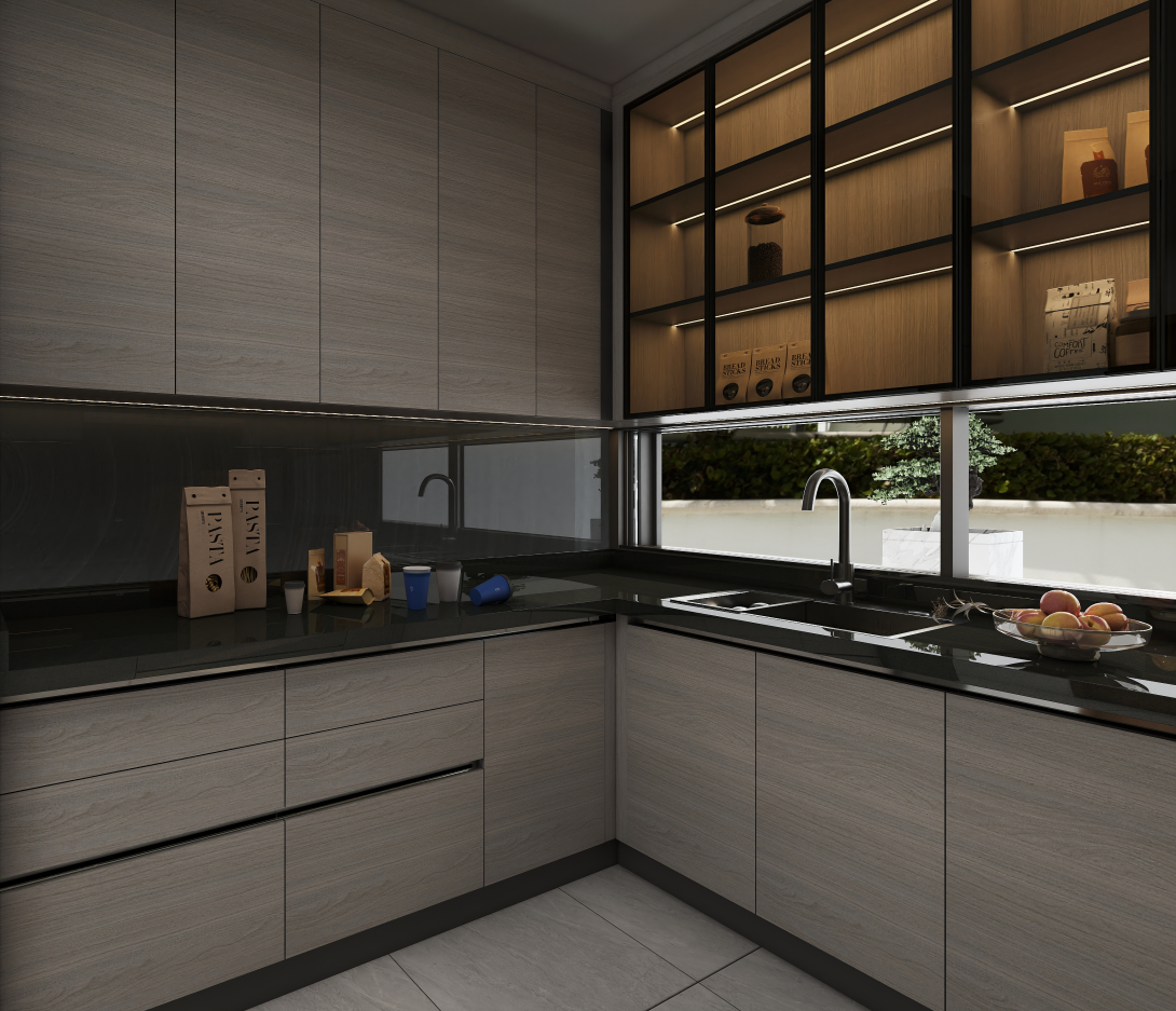 The inclusion of custom shelving and pull-out drawers enhances functionality, allowing for a seamless workflow during meal preparation.