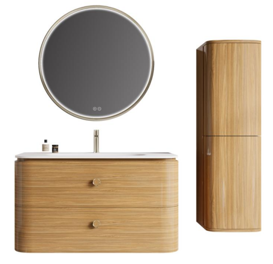 Combining the vanity with the tall cabinet creates a more complete storage system while keeping the overall bathroom design visually consistent.