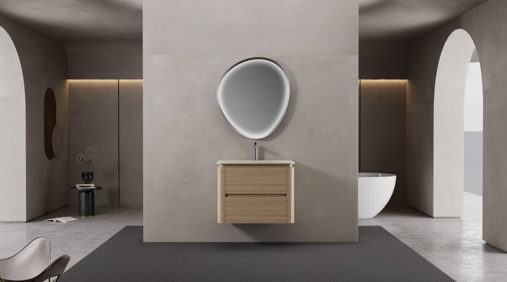 The wall-mounted format provides a different design effect from a floor-standing vanity while maintaining the same Ultra Neo character.