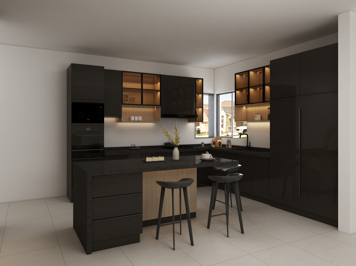 In our client william kitchen cabinetry project, we designed an exquisite space that combines modern aesthetics with practical kitchen storage solutions. The kitchen cabinets feature a striking design, incorporating both base cabinets and wall cabinets, along with an impressive kitchen island that enhances functionality. The cabinets are crafted with a sleek pure black PET door finish paired with a matching black cabinet body, providing a cohesive and elegant look.