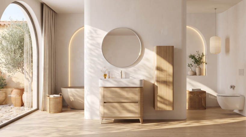 The VENUS-FL is a freestanding bathroom vanity that combines straight drawer fronts with independent rounded side panels