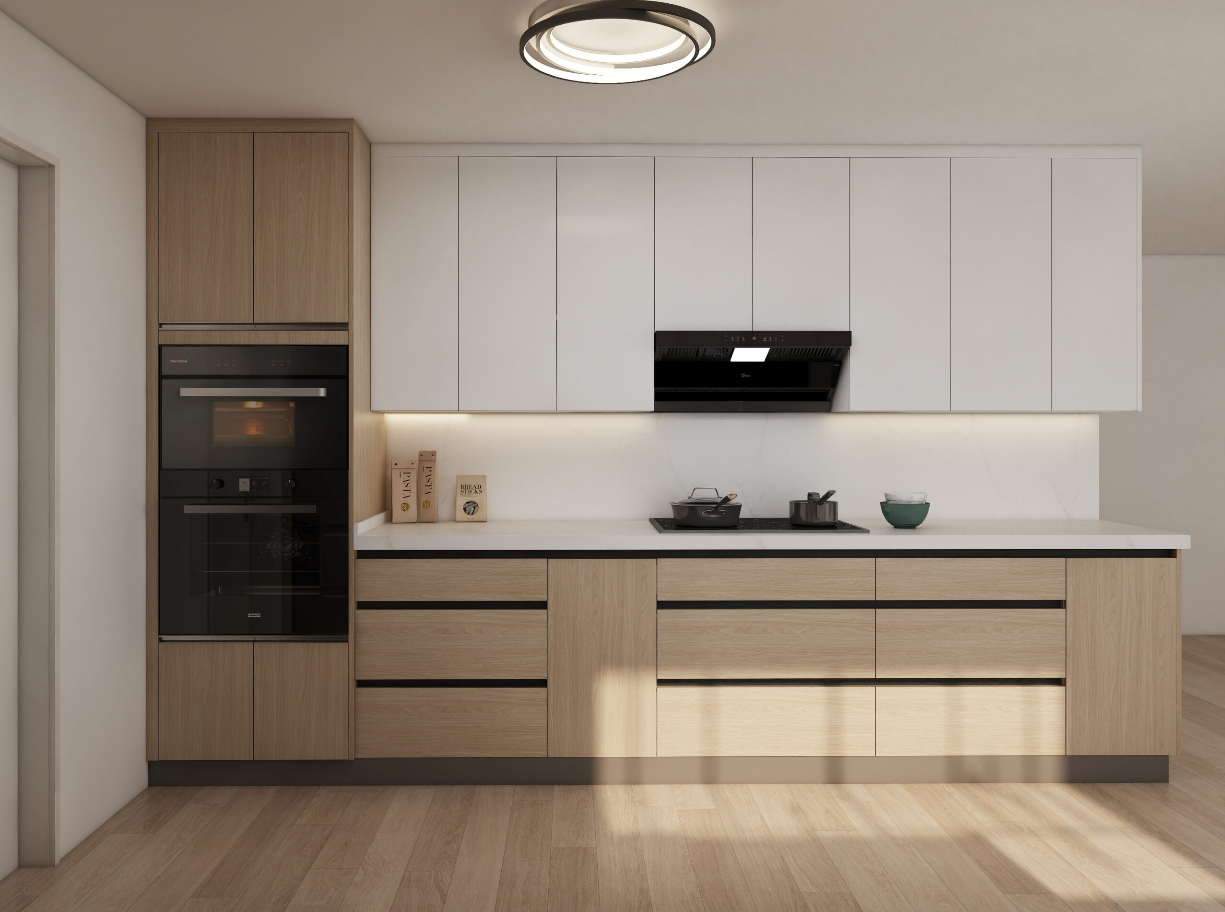 In a recent kitchen project, we designed a stunning assembly of modular kitchen cabinets that seamlessly blend style and practicality. The kitchen configuration includes base cabinets, wall cabinets, a tall oven cabinet, and an inviting kitchen island, all tailored to meet the client's needs for effective kitchen storage solutions.