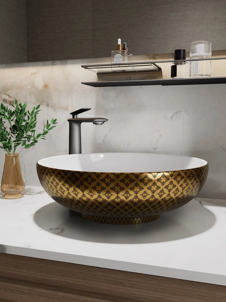 Crafted from premium ceramic, this ceramic sink showcases a beautiful lotus design that adds a touch of elegance to any space. Its intricate detailing makes it not just a functional item, but a stunning art piece that enhances your decor. Designed as a floating lavatory sink, this ceramic basin saves space while providing a stylish focal point in your bathroom. The smooth, glossy finish ensures easy cleaning and maintenance, keeping your basin looking pristine.