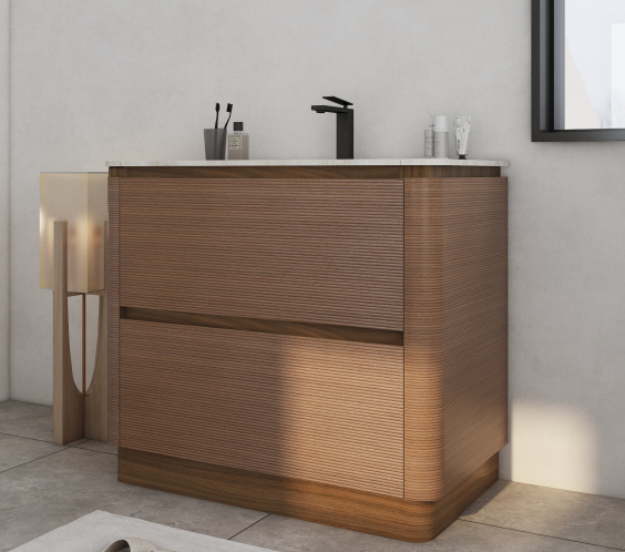 freestanding bathroom cabinet with drawers and countertop basin for modern bathroom design