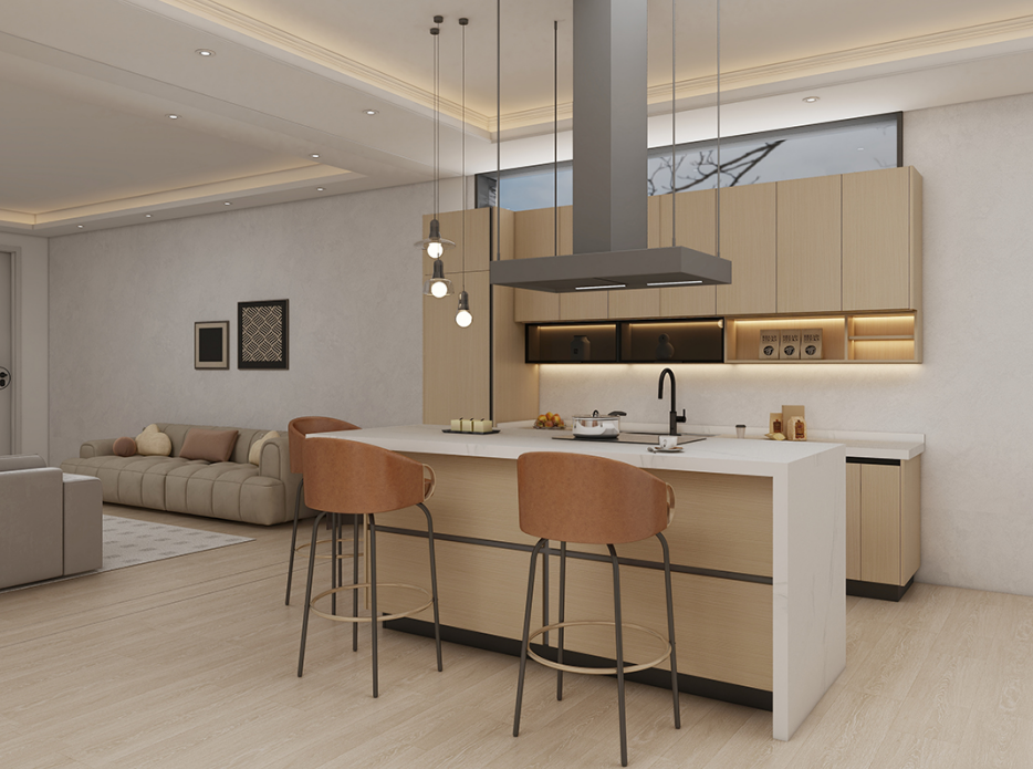 I shaped kitchen island layout in a modern kitchen design