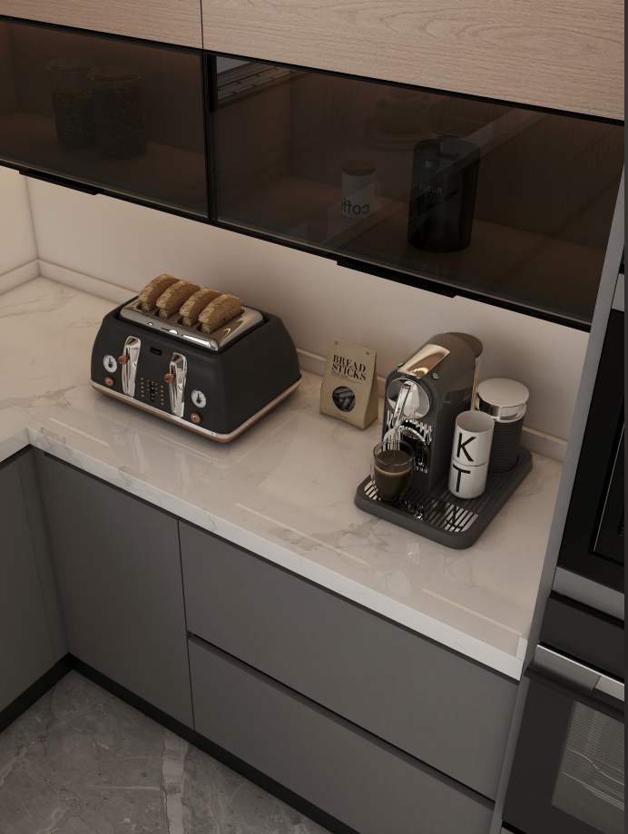 The U-shaped layout allows for a seamless workflow, ideal for multitasking during meal preparation, while the straight cabinets offer a clean and modern look, perfect for smaller kitchens. This combination not only optimizes the available space but also creates a harmonious balance between functionality and style.