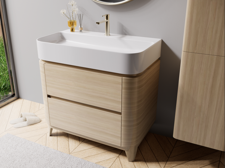 VENUS-FL freestanding bathroom vanity with rounded side panels and clean drawer fronts