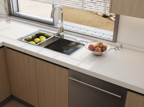 kitchen cabinets paired with white quartz countertop