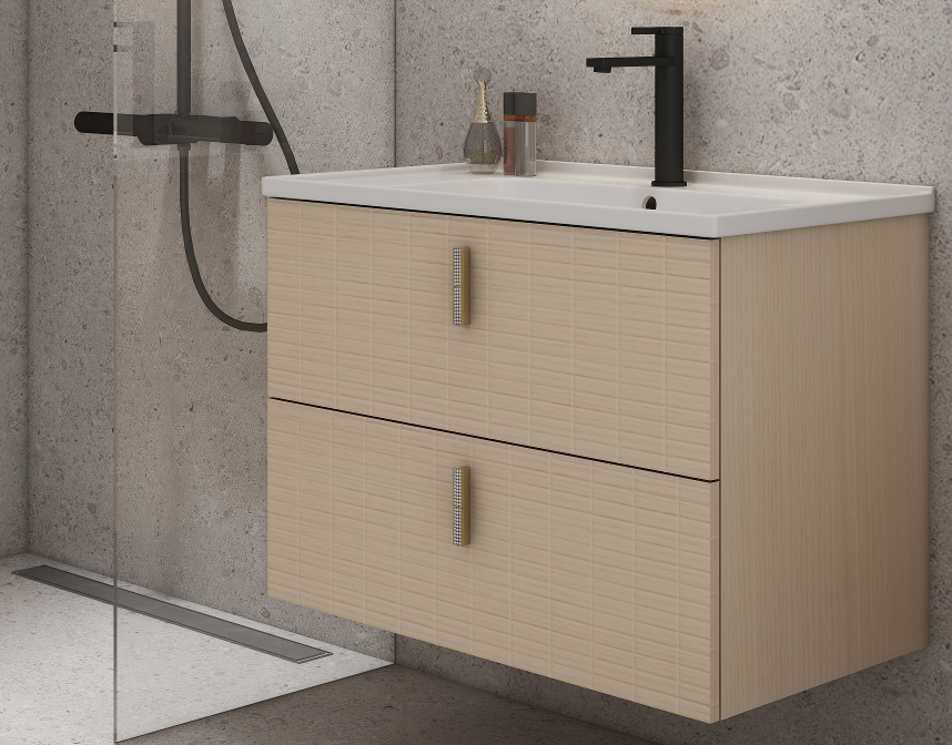 The subtle grid-textured front panels add visual depth without overwhelming the overall design, making the vanity suitable for a wide range of interior styles.