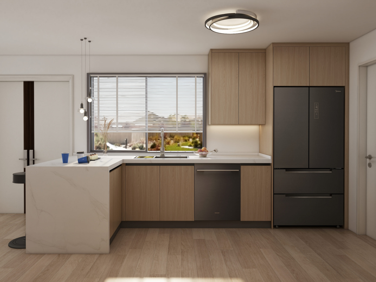 The kitchen island not only serves as a central point for gathering but also showcases the same Log walnut finish. Topped with a stunning fish belly white quartz countertop, it elegantly complements the design while providing a durable and easy-to-maintain surface.