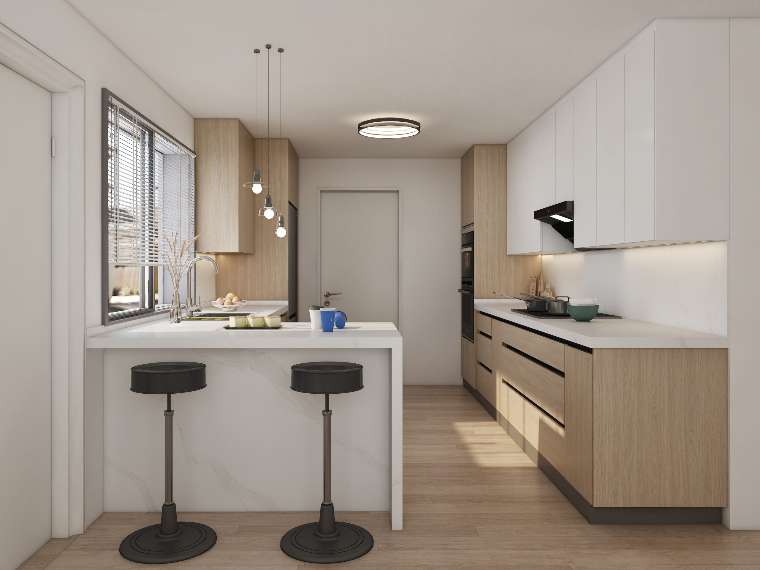 The kitchen island not only serves as a central point for gathering but also showcases the same Log walnut finish. Topped with a stunning fish belly white quartz countertop, it elegantly complements the design while providing a durable and easy-to-maintain surface.