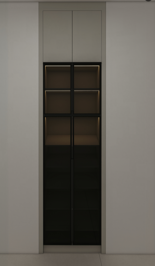 In a recent project, we created a bespoke shoe cabinet and storage cabinet that beautifully balances style and functionality. The shoe storage cabinet features dark khaki cabinetry paired with sleek black-framed gray glass doors, providing an elegant and modern aesthetic. This combination not only enhances visibility but also protects the shoes from dust, keeping them in pristine condition. 