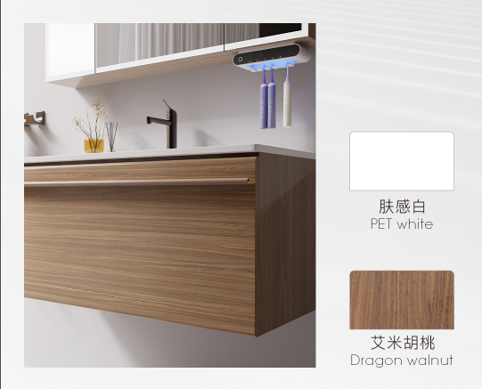 It has two high-end colors, PET white or Dragon walnut, have natural elegance and youthful beauty. Paired with a practical smart storage mirror cabinet, you can live freely and develop your own life.