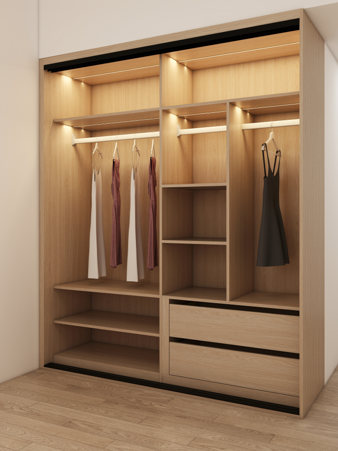 Completing the setup, the custom desk provided a dedicated area for studying and work, ensuring that every inch of the room was utilized effectively. This harmonious design transformed the Martinez's bedroom into a serene and stylish retreat, perfectly balancing form and function with luxurious garderobe selections and versatile bedroom furniture pieces.
