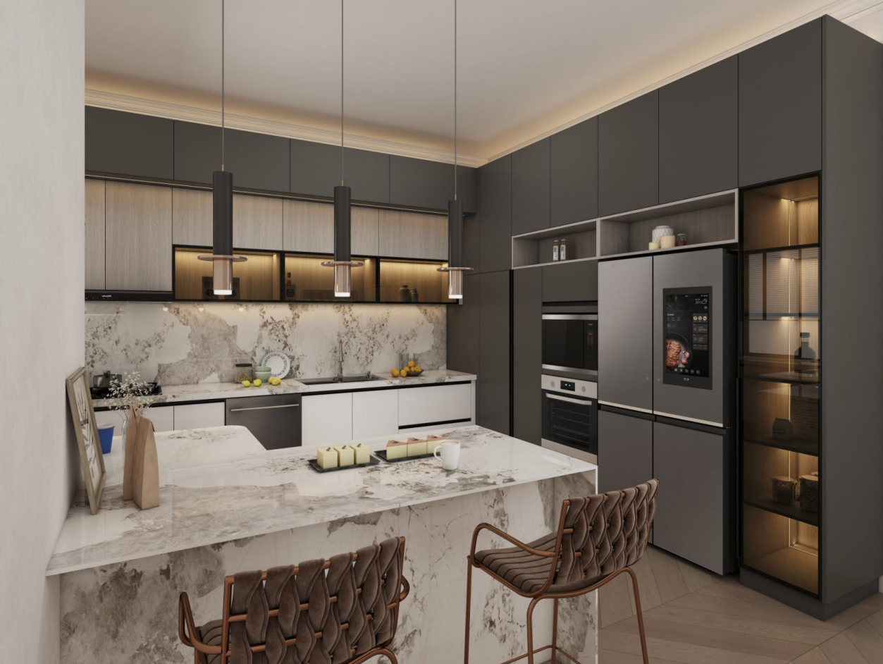  In a larger room, consider a dual l shaped kitchen design, where a second, smaller L-shaped island creates a distinct dining or social zone.