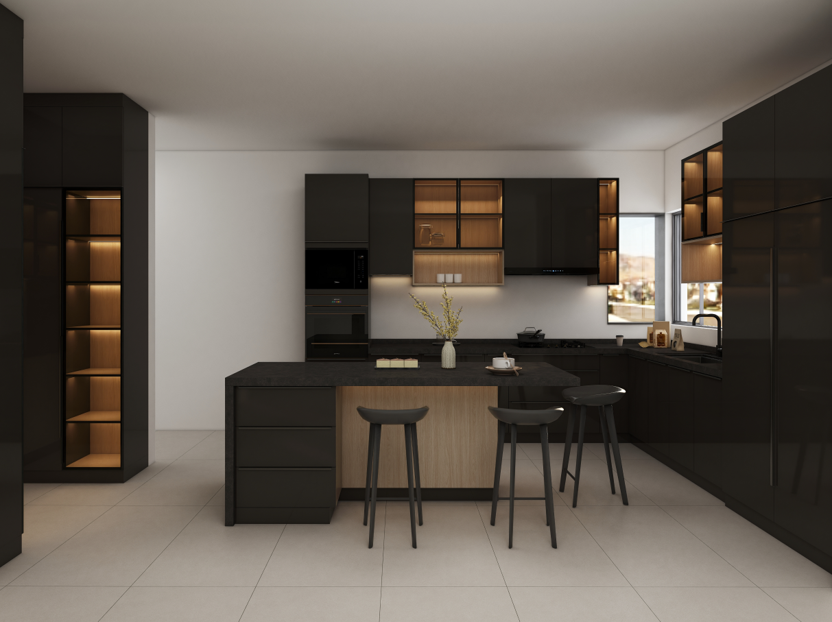 In our client william kitchen cabinetry project, we designed an exquisite space that combines modern aesthetics with practical kitchen storage solutions. The kitchen cabinets feature a striking design, incorporating both base cabinets and wall cabinets, along with an impressive kitchen island that enhances functionality. The cabinets are crafted with a sleek pure black PET door finish paired with a matching black cabinet body, providing a cohesive and elegant look.