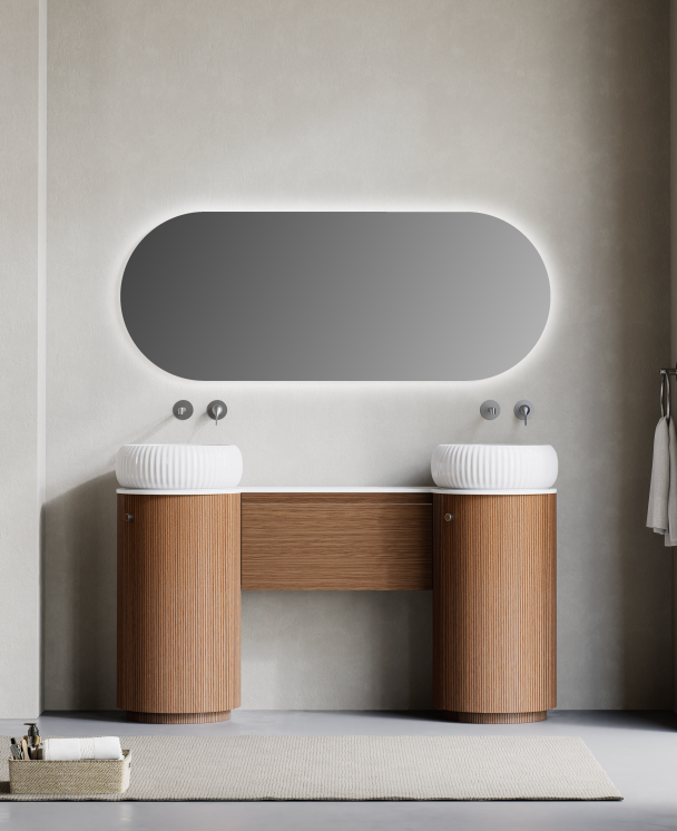 NOVO freestanding bathroom vanity with 400 mm cylindrical cabinet and asymmetrical horizontal storage