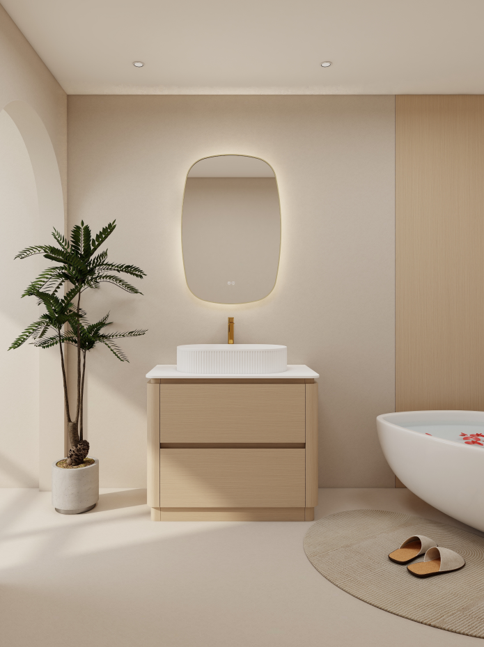 freestanding bathroom cabinet and wall mounted bathroom vanity in a modern bathroom