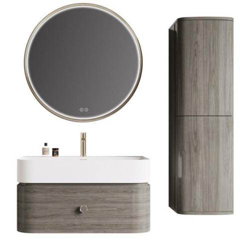 The wall mounted structure keeps the vanity elevated above the floor, creating a lighter and more open visual effect.