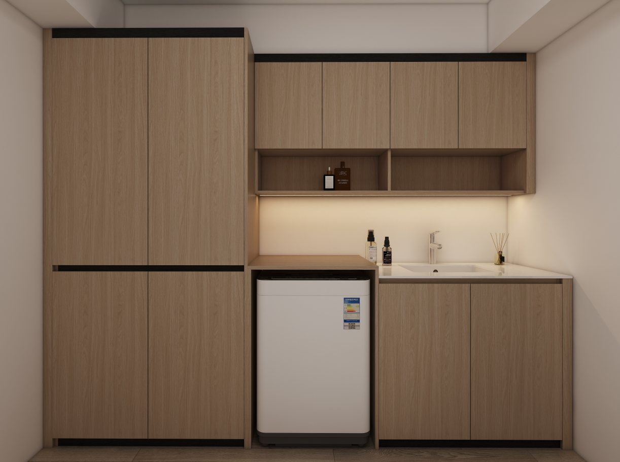 Designed for optimal efficiency, the cabinets for laundry room include a convenient flip-top for the washing machine, making laundry day a breeze. The layout also incorporates a sleek countertop made from high-quality rock panel material, offering ample workspace for sorting and folding clothes. Enhancing the functionality of the design is a well-placed laundry sink and cabinet, complete with a modern faucet for easy access.