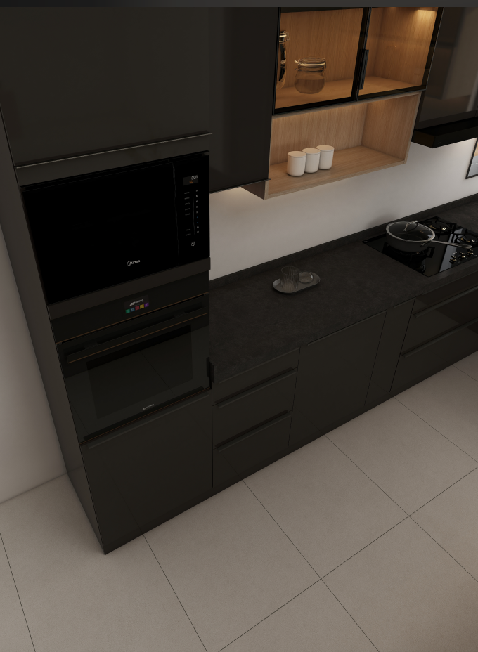We also introduced glass door panels that complement Log walnut cabinetry, adding a touch of sophistication and allowing for the display of decorative items. The countertops are made from high-quality rock panel material in solid black, ensuring durability and style. With dimensions of (3065+2400)mm in width, 2550mm in height, and 600mm in depth, this kitchen offers ample space for various activities. 
