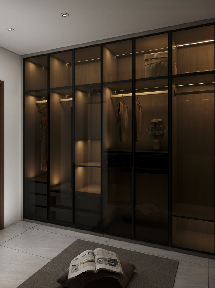 With an array of thoughtfully arranged shelves, hanging sections, and drawers, this bedroom cabinet transforms the way items are stored and accessed,