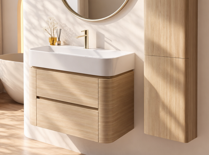 VENUS-WH wall mounted bathroom vanity with flat drawer fronts and rounded side panels