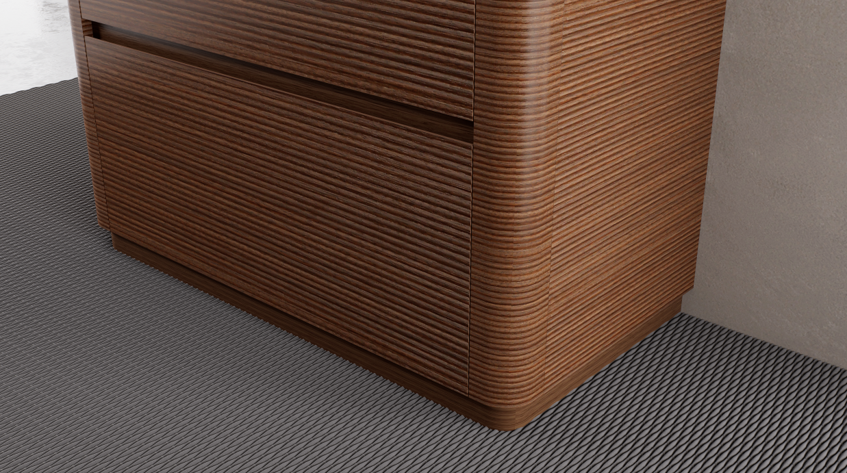 The R60 curves soften the cabinet silhouette and create a smoother transition between the front and side panels.