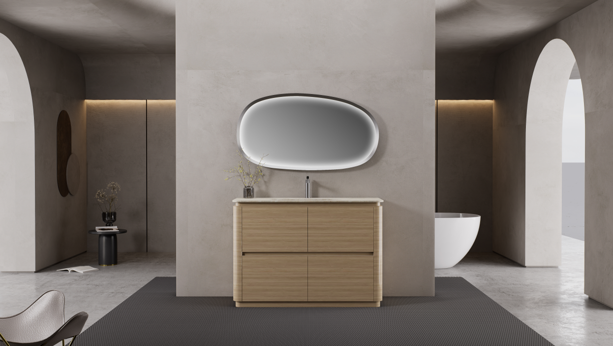 Ultra Neo-FL is a freestanding bathroom cabinet that combines curved side panels, natural wood-inspired texture, generous storage, and flexible basin options.