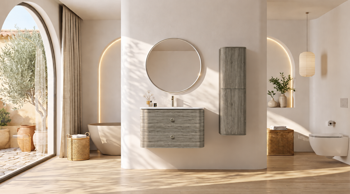 ARIA is a modern wall mounted bathroom vanity defined by its integrated dual-curve construction.