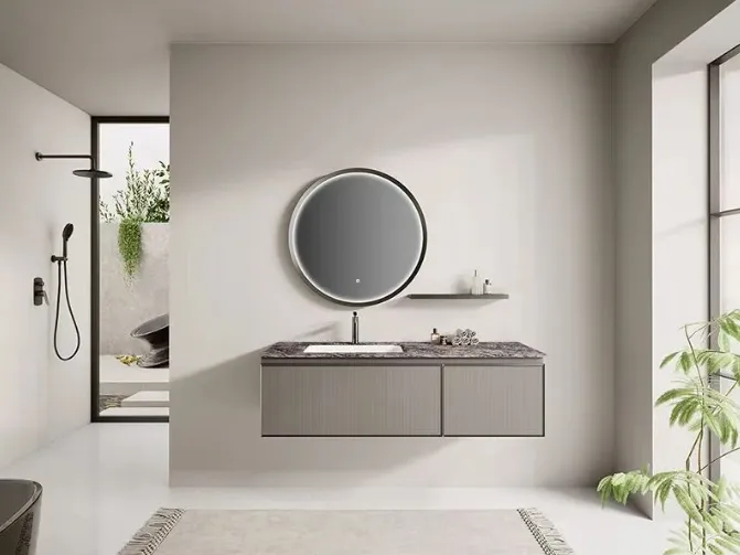 The grooved door design adds a touch of sophistication, while the integrated LED mirror provides optimal lighting, transforming your bathroom vanity mirror with lights experience.