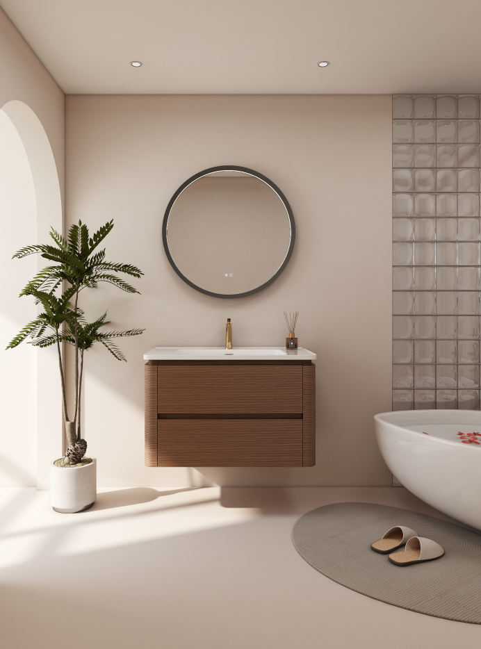 freestanding bathroom cabinet and wall mounted bathroom vanity in a modern bathroom