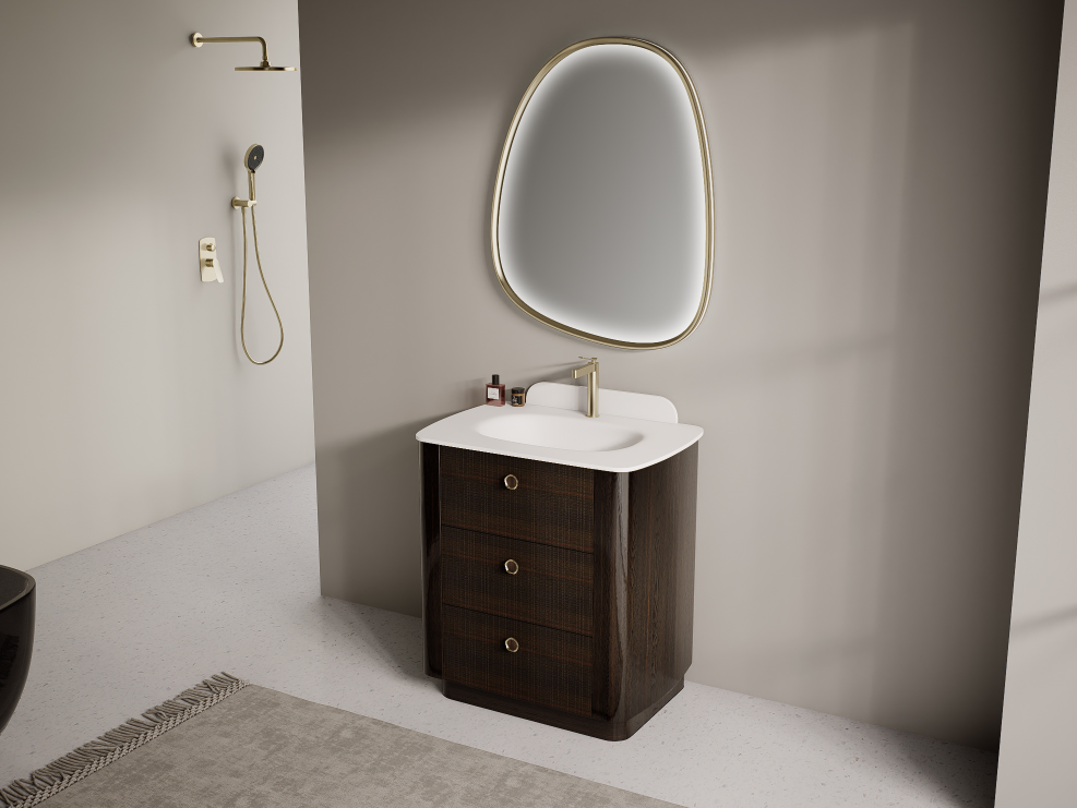 textured freestanding bathroom vanity with subtle linear cabinet surface