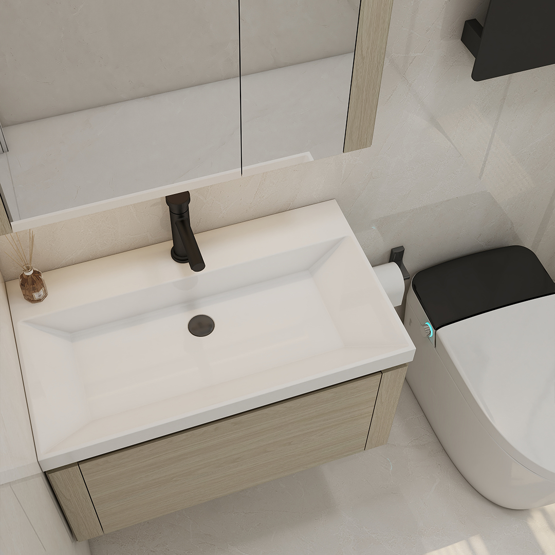 Introducing our Minimalist wood grain color wall mounted bathroom cabinet, a sleek and stylish addition to any bathroom. This exquisite piece features a medicine cabinet with mirror, offering both functionality and elegance. The single bathroom vanity with sink provides a convenient and practical solution for daily grooming routines. The wall mounted bathroom vanity design not only saves space but also adds a modern touch to your bathroom decor. Our high-quality bathroom medicine cabinet with mirror ensures that all your essentials are neatly stored and easily accessible. As a leading bathroom cabinet wholesale supplier, we are pleased to offer this stunning piece at a great value. Don't miss out on our exclusive bathroom cabinets for sale and elevate your bathroom with the Minimalist wood grain color wall mounted bathroom cabinet today.