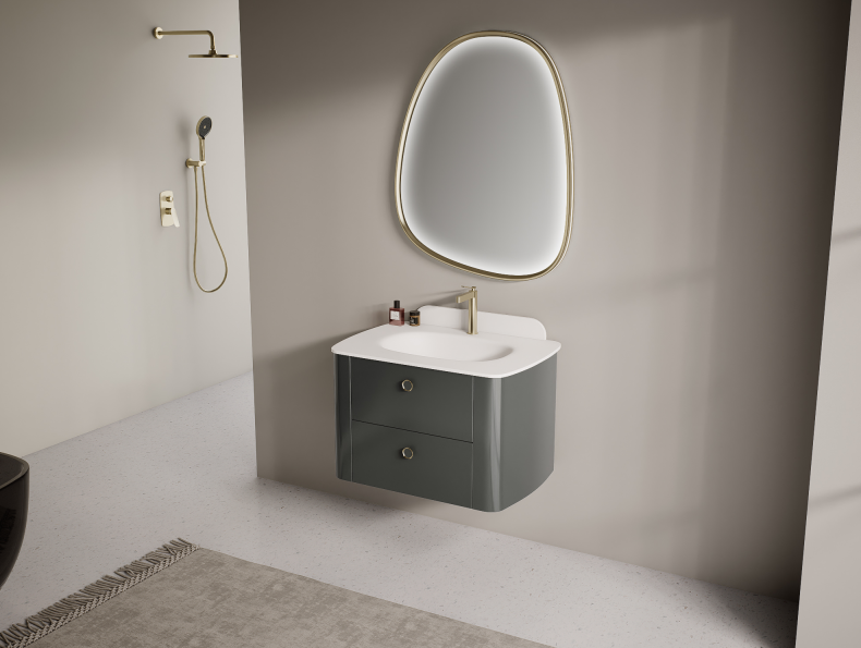 The cabinet front features a refined textured surface that creates a gentle visual rhythm.