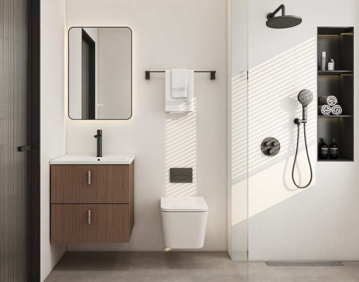 The floating installation helps create a more open appearance while providing generous storage through two spacious drawers.