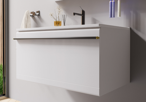 The upper and lower edges of the drawer panel are rounded to avoid the straight hard steel that conflicts with the atmospheric straight main cabinet. The multi-layered lines outline the harmony and agility of the space. The new ceramic basin adopts a unique double chamfering bevel process to achieve a natural sense of unity visually.