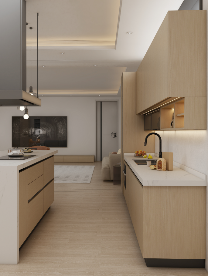 In a stunning kitchen renovation project for the Johnson family, the design featured impressive modular kitchen cabinets measuring 3300mm in width, 2400mm in height, and 600mm in depth. The cabinetry showcased a sophisticated Golden wood Grain color, which created a sleek and modern look for their cooking space. Complementing the cabinets was a beautifully designed kitchen island, measuring 2300mm by 900mm with a height of 900mm, perfectly matching the cabinet color. This island not only served as a focal point but also provided additional kitchen storage solutions, making the kitchen both functional and stylish. The integrated plywood kitchen cabinets were equipped with smart kitchen cabinet organizers, enhancing the overall efficiency of the space. The Johnsons were thrilled with their new kitchen, combining elegance with practicality for all their culinary needs.