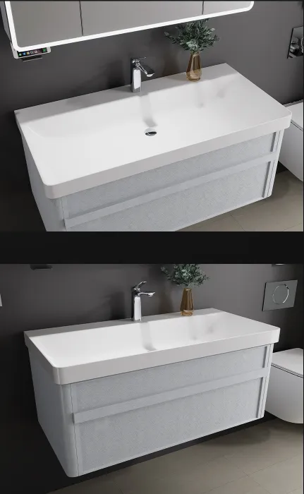 The modern bathroom cabinets offer ample storage space, ideal for keeping your bathroom essentials organized. Paired with a bathroom vanity mirror with lights, it not only provides a clear reflection but also creates a well-lit and inviting atmosphere. Whether you're renovating your home or a business in need of bathroom cabinets for sale or interested in bathroom cabinet wholesale, this product is an excellent choice. Its minimalist design ensures it complements various bathroom decors, bringing both style and functionality to your space.
