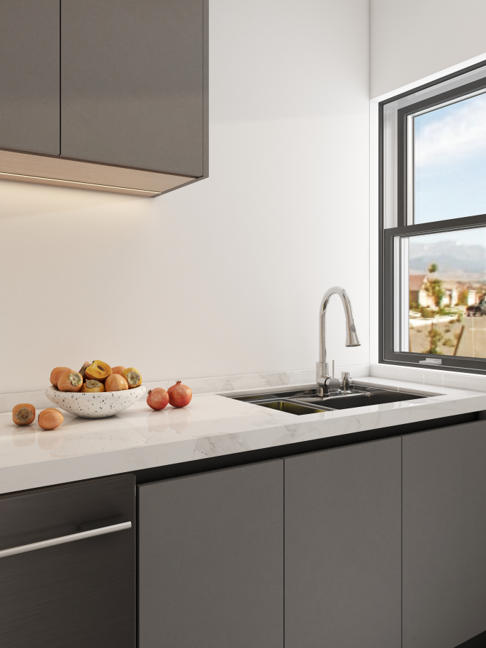 The U-shaped layout allows for a seamless workflow, ideal for multitasking during meal preparation, while the straight cabinets offer a clean and modern look, perfect for smaller kitchens. This combination not only optimizes the available space but also creates a harmonious balance between functionality and style.