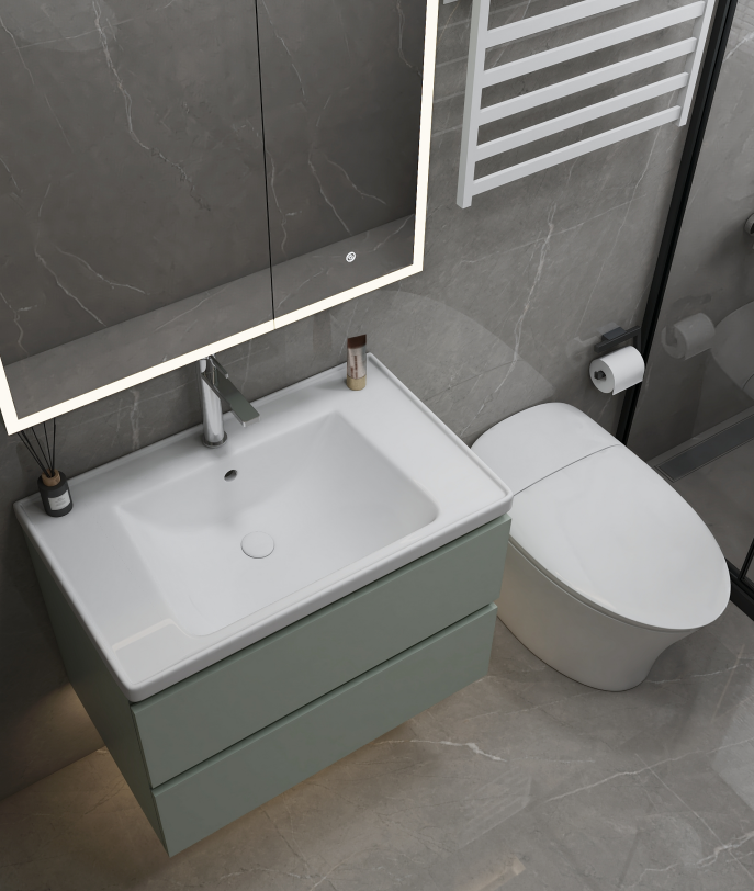 Paired with an intelligent mirrored cabinet, this setup not only enhances the beauty of the space but also adds functionality, making it both practical and visually appealing. The entire bathroom is thoughtfully equipped, showcasing a complete suite of fixtures including a floor-mounted toilet, a stylish shower enclosure, and an electric towel warmer. 